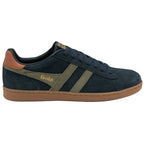 A side view of a navy Gola trainer with olive stripes and orange heel detail.