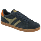 A navy Gola trainer with olive stripes, orange heel accent, and brown sole.