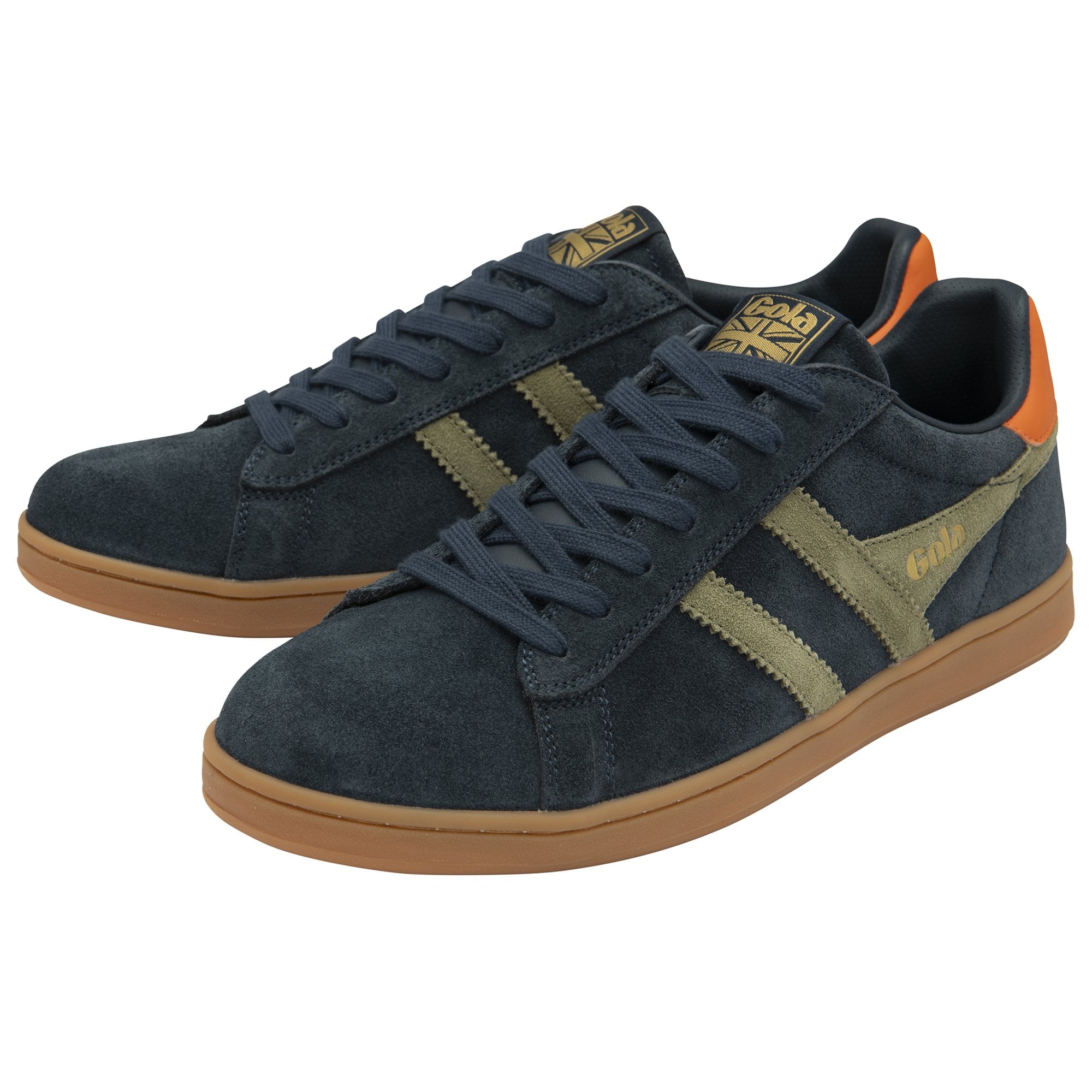 A pair of navy Gola trainers with olive stripes and orange heels.