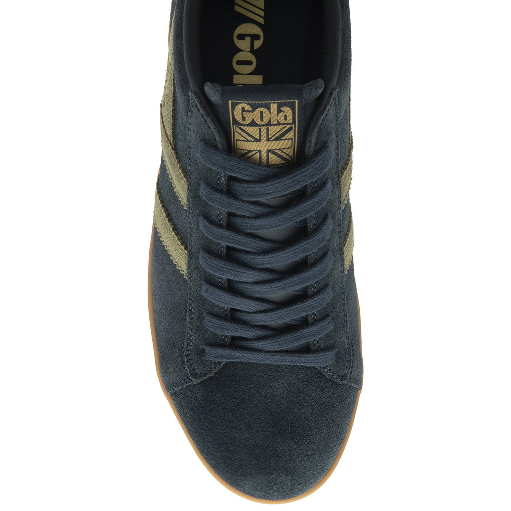 A top-down view of a navy Gola trainer with olive stripes.