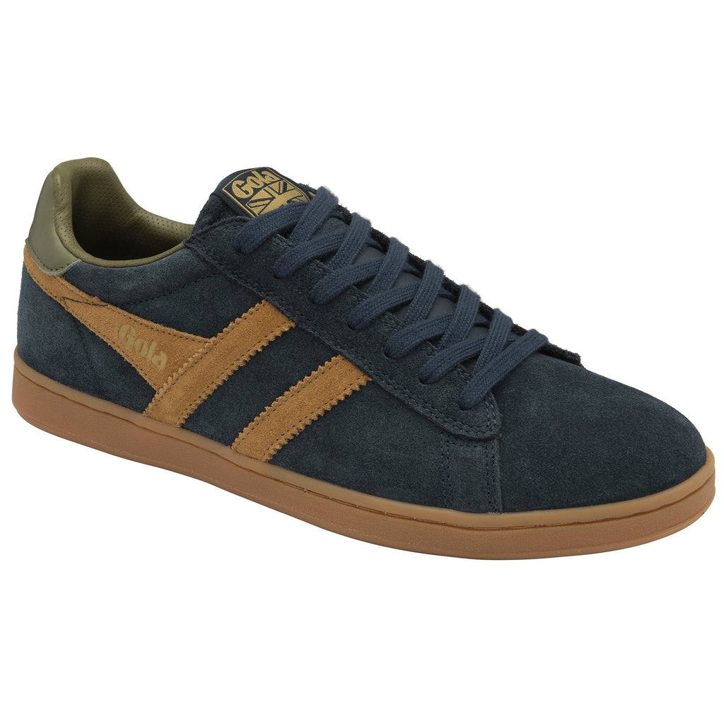 A navy Gola trainer with tan stripes, olive heel accent, and brown sole.