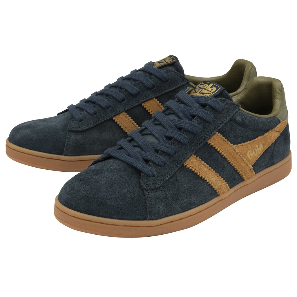 A pair of navy Gola trainers with tan stripes and olive heels.