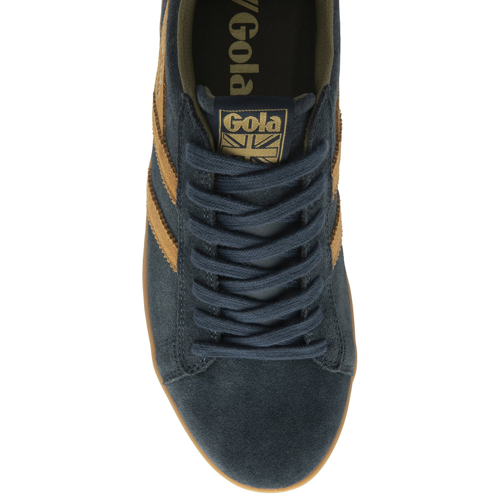 A top-down view of a navy Gola trainer with tan stripes.