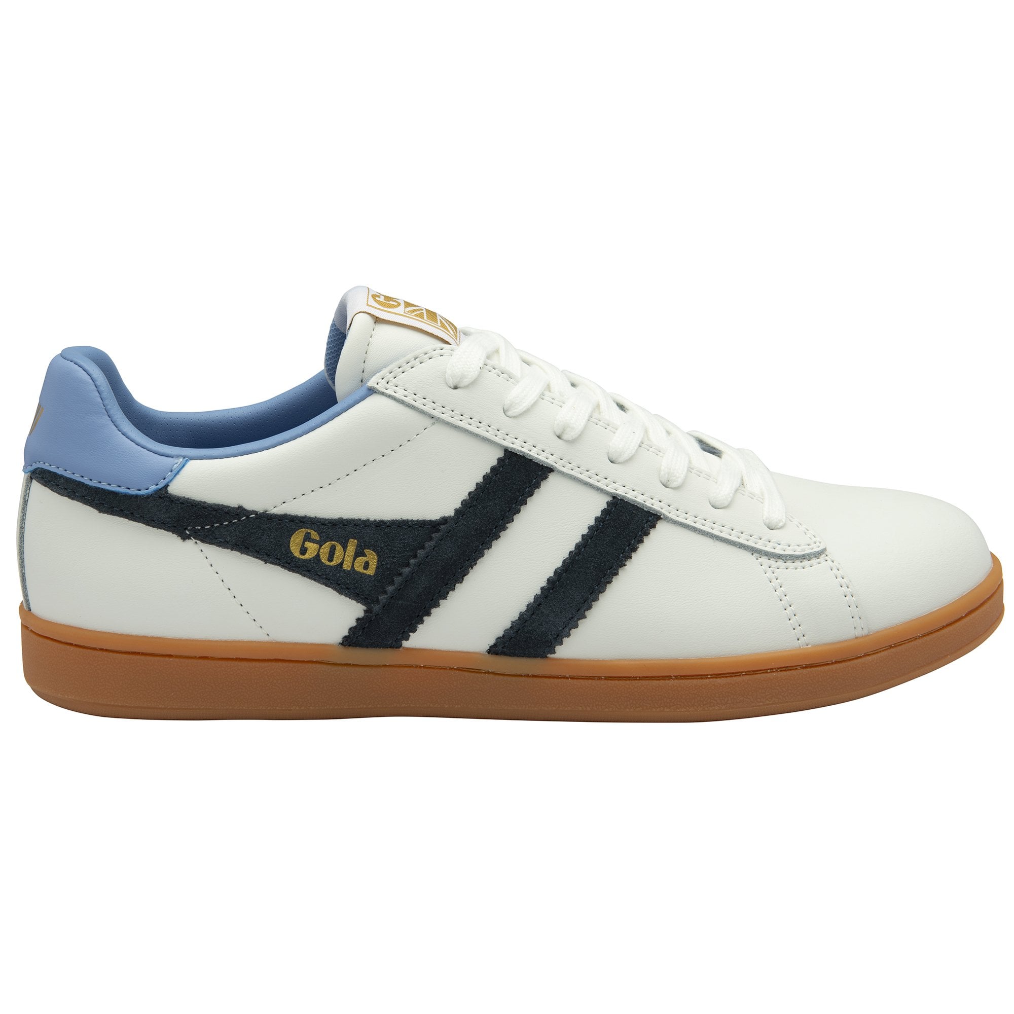 A side view of a white Gola trainer with navy stripes and light blue heel detail.