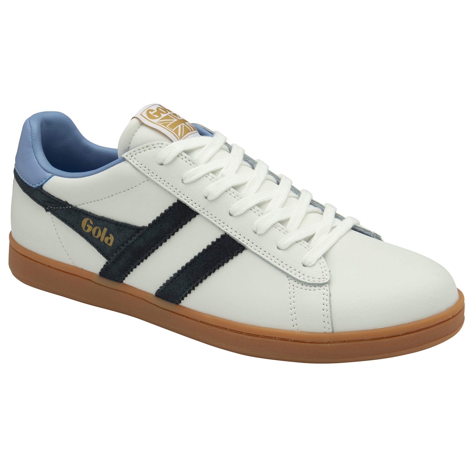 A white Gola trainer with navy stripes, light blue heel accent, and brown sole.
