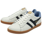 A pair of white Gola trainers with navy stripes and light blue heels.