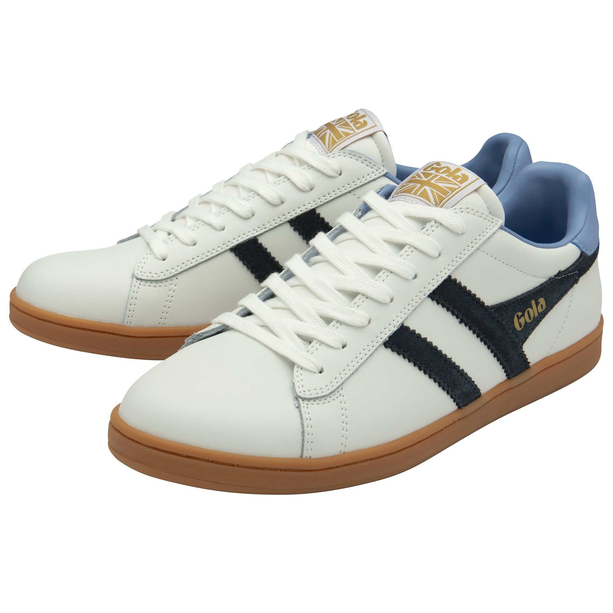 A pair of white Gola trainers with navy stripes and light blue heels.