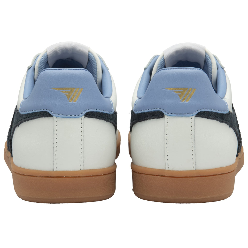 The back of two white Gola trainers with light blue heels.