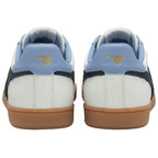 The back of two white Gola trainers with light blue heels.