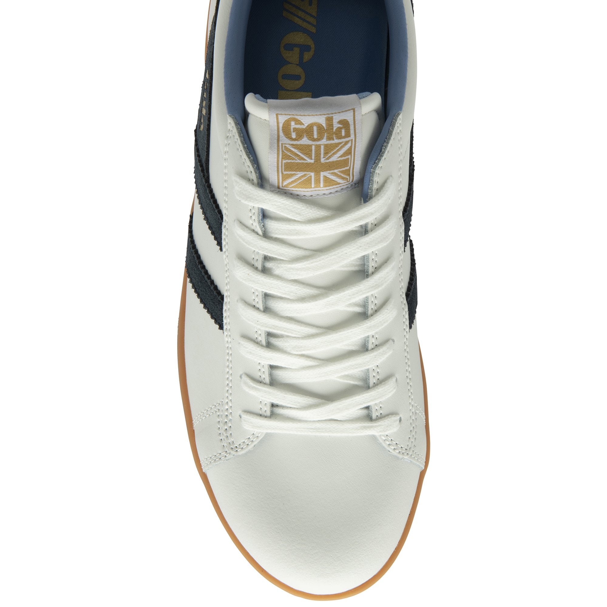 A top-down view of a white Gola trainer with navy stripes.