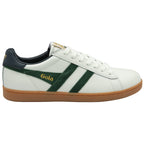 A side view of a white Gola trainer with green stripes and dark green heel detail.