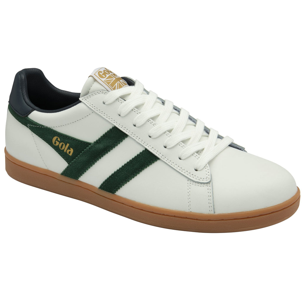A white Gola trainer with green stripes, dark green heel accent, and brown sole.