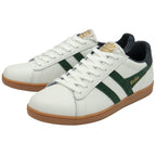 A pair of white Gola trainers with green stripes and dark green heels.
