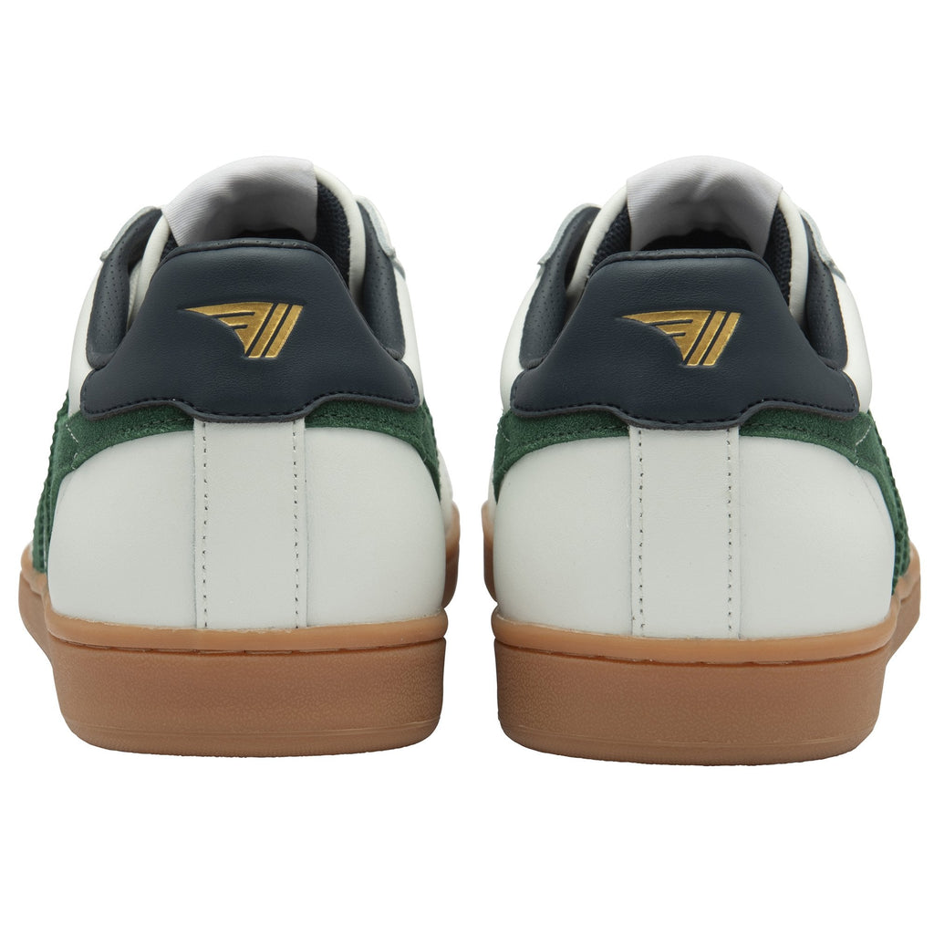 The back of two white Gola trainers with dark green heels.