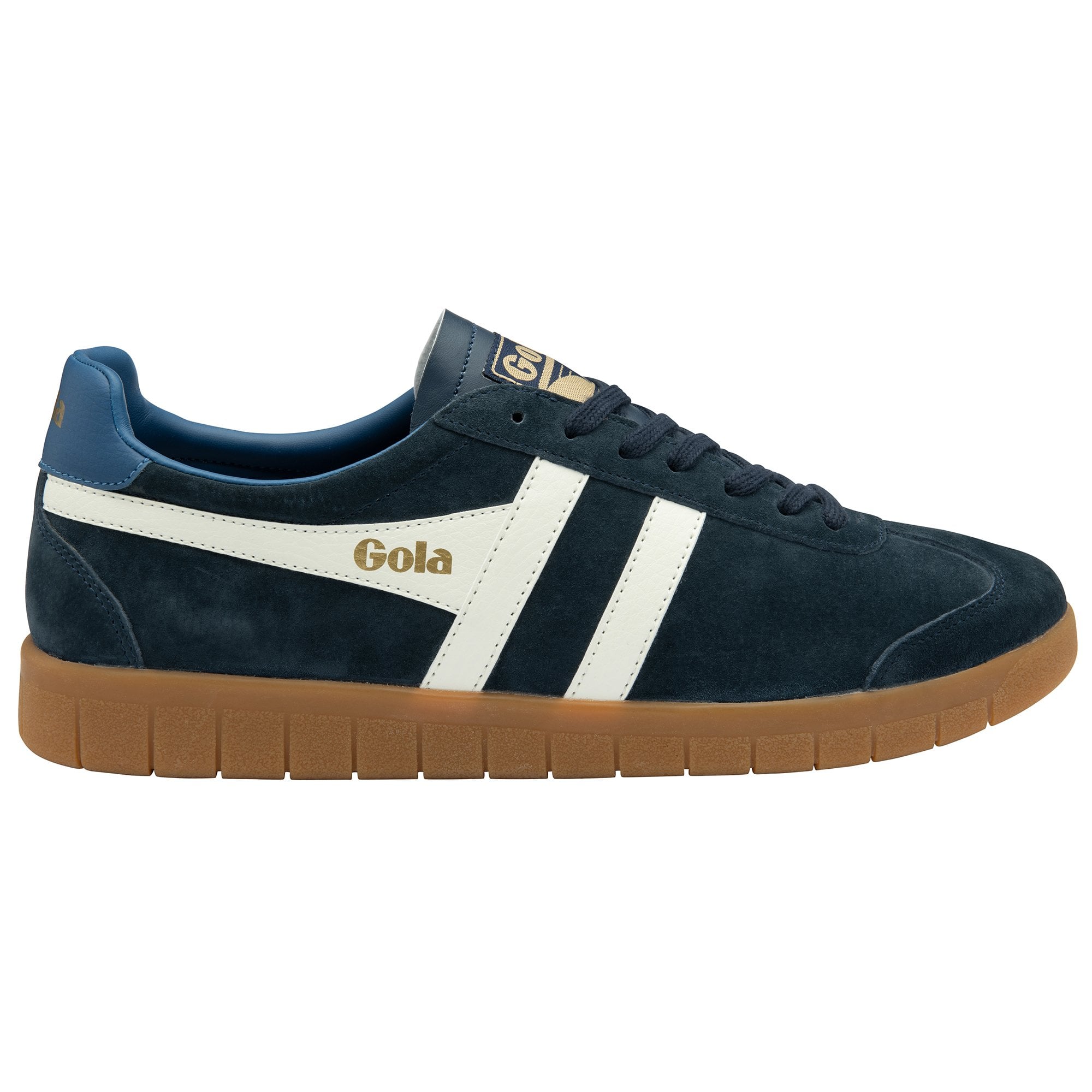 A side view of a navy Gola trainer with white stripes and light blue heel detail.