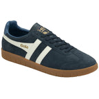 A navy Gola trainer with white stripes, light blue heel accent, and brown sole.