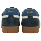 The back of two navy Gola trainers with light blue heels.