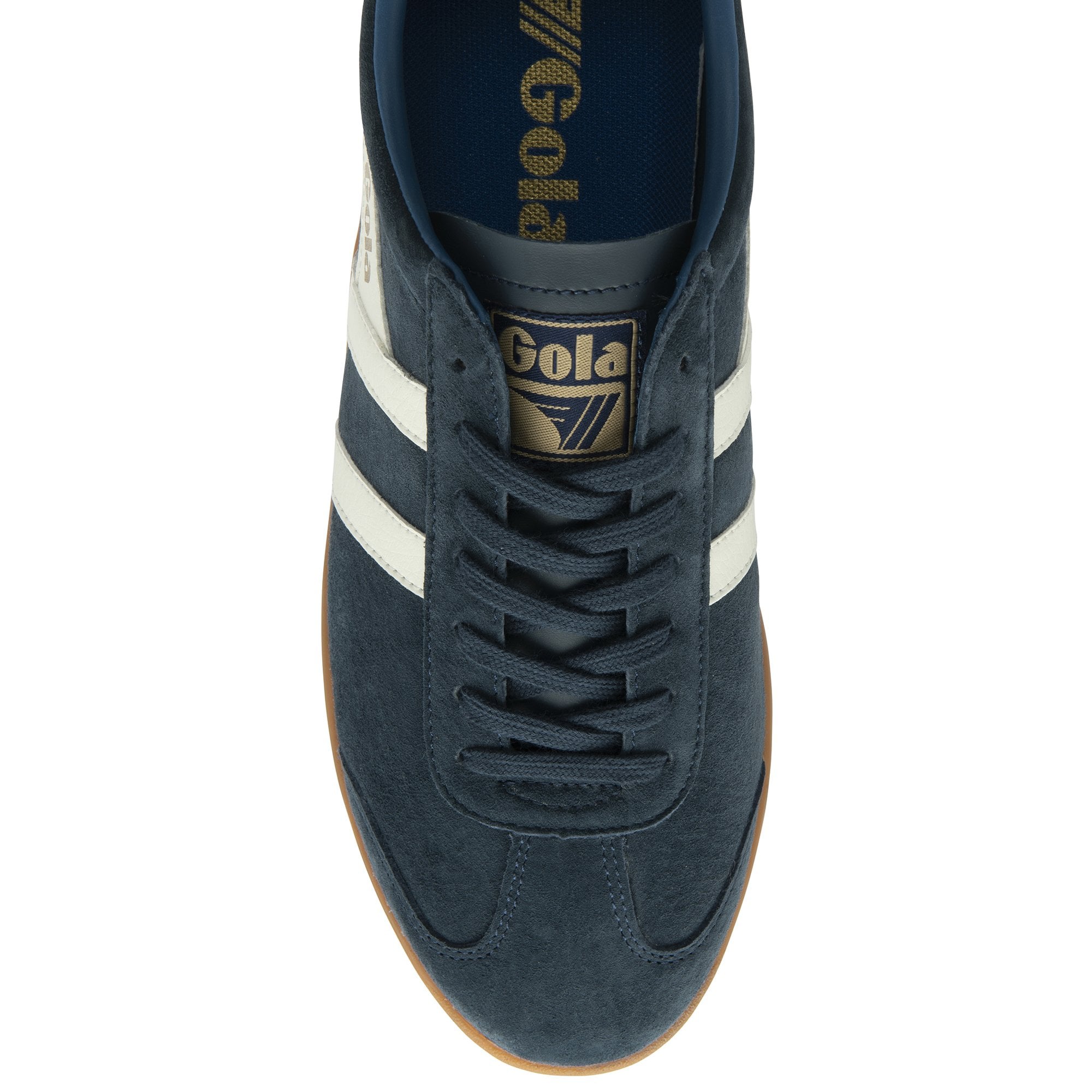 A top-down view of a navy Gola trainer with white stripes.