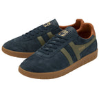 A pair of navy Gola trainers with olive stripes and brown heels.