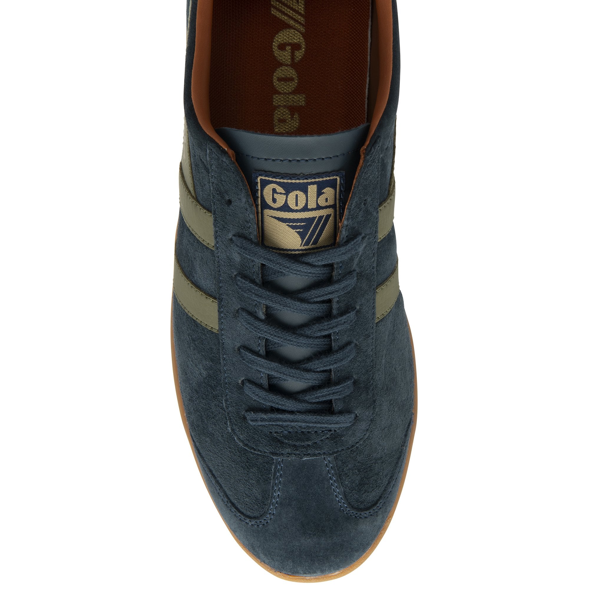A top-down view of a navy Gola trainer with olive stripes.