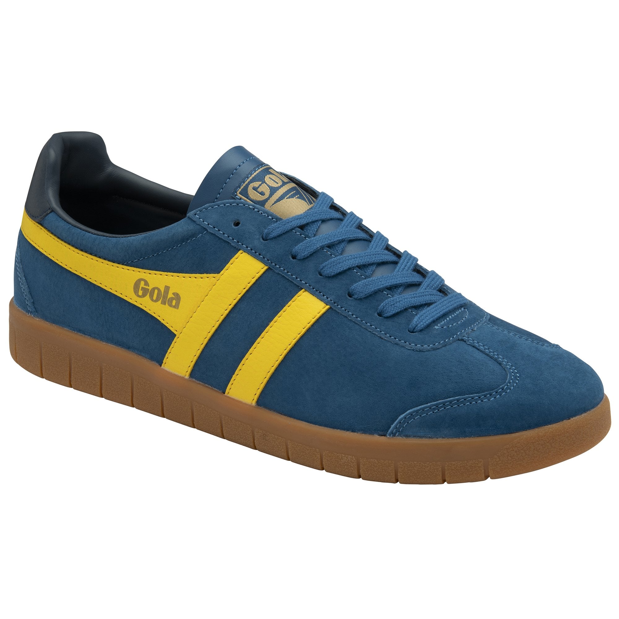 A single blue Gola trainer with yellow stripes and a brown sole is shown at an angle.