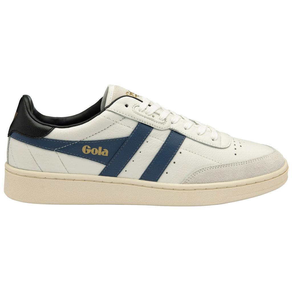 A right off-white Gola sneaker with blue stripes and a black accent.
