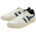 A pair of off-white Gola sneakers with blue stripes and a black accent.