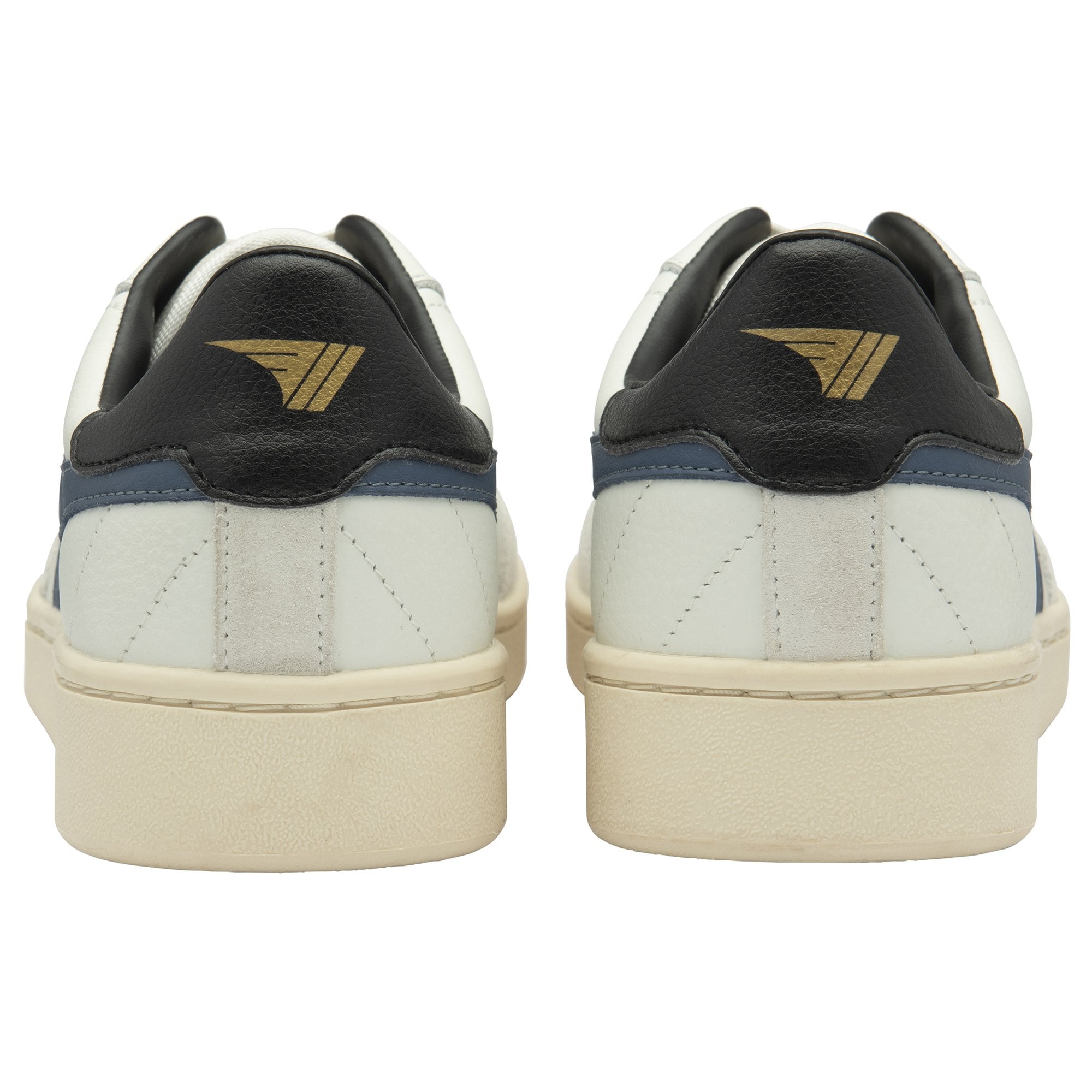 The back view of a pair of off-white Gola sneakers with black heel tabs.