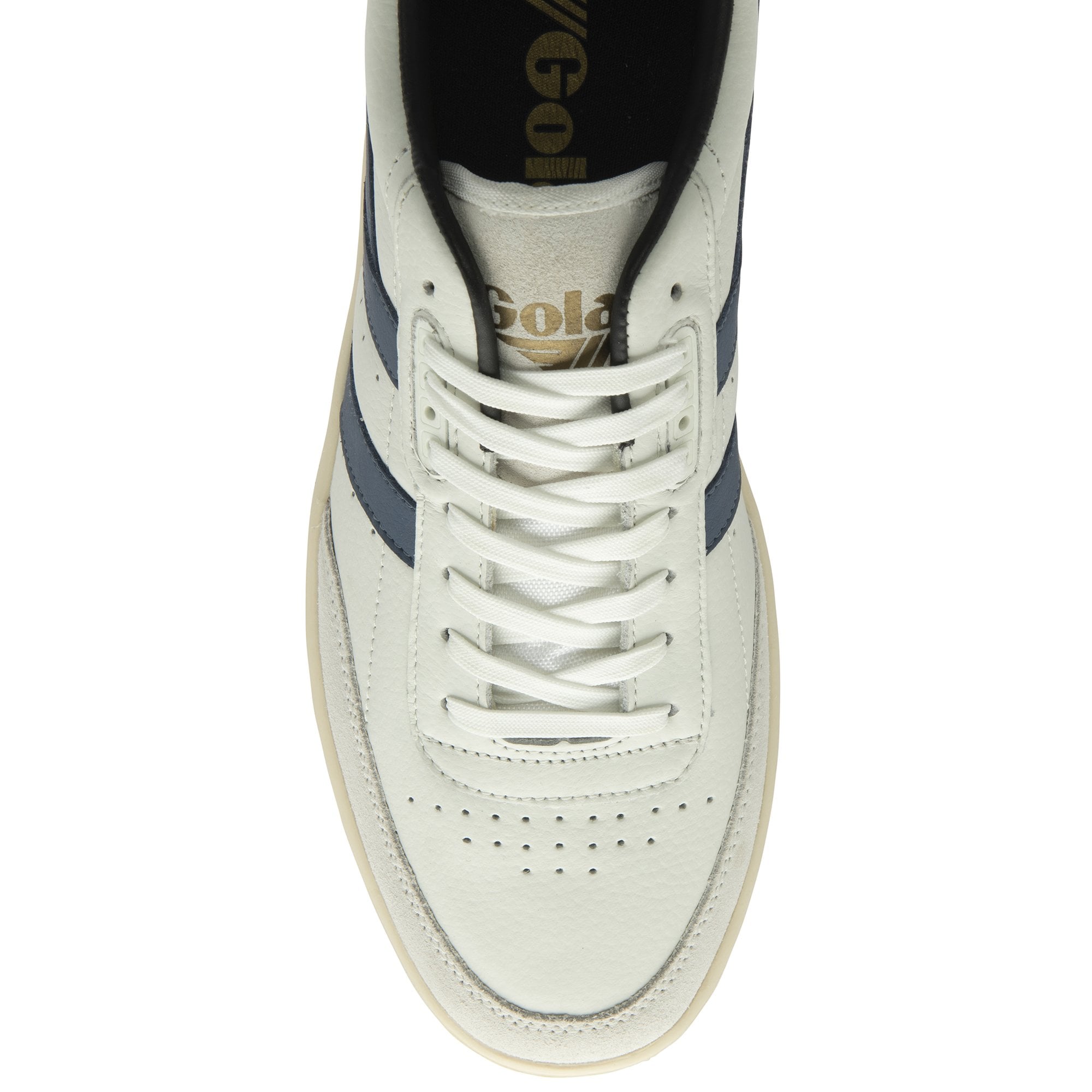 The top-down view of an off-white Gola sneaker with blue stripes.