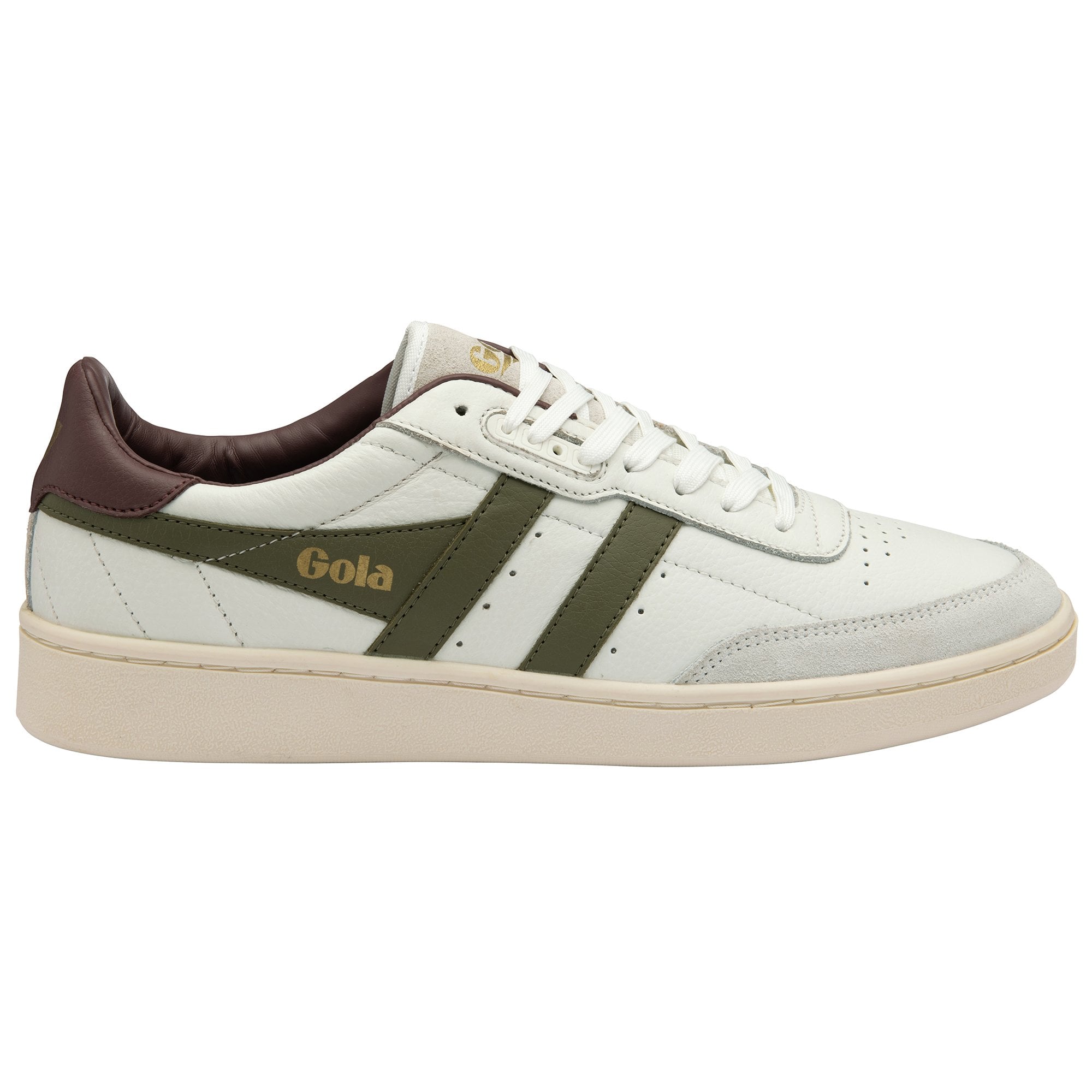 A right off-white Gola sneaker with olive stripes and a dark brown accent.