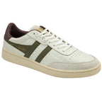 A left off-white Gola sneaker with olive stripes and a dark brown accent.