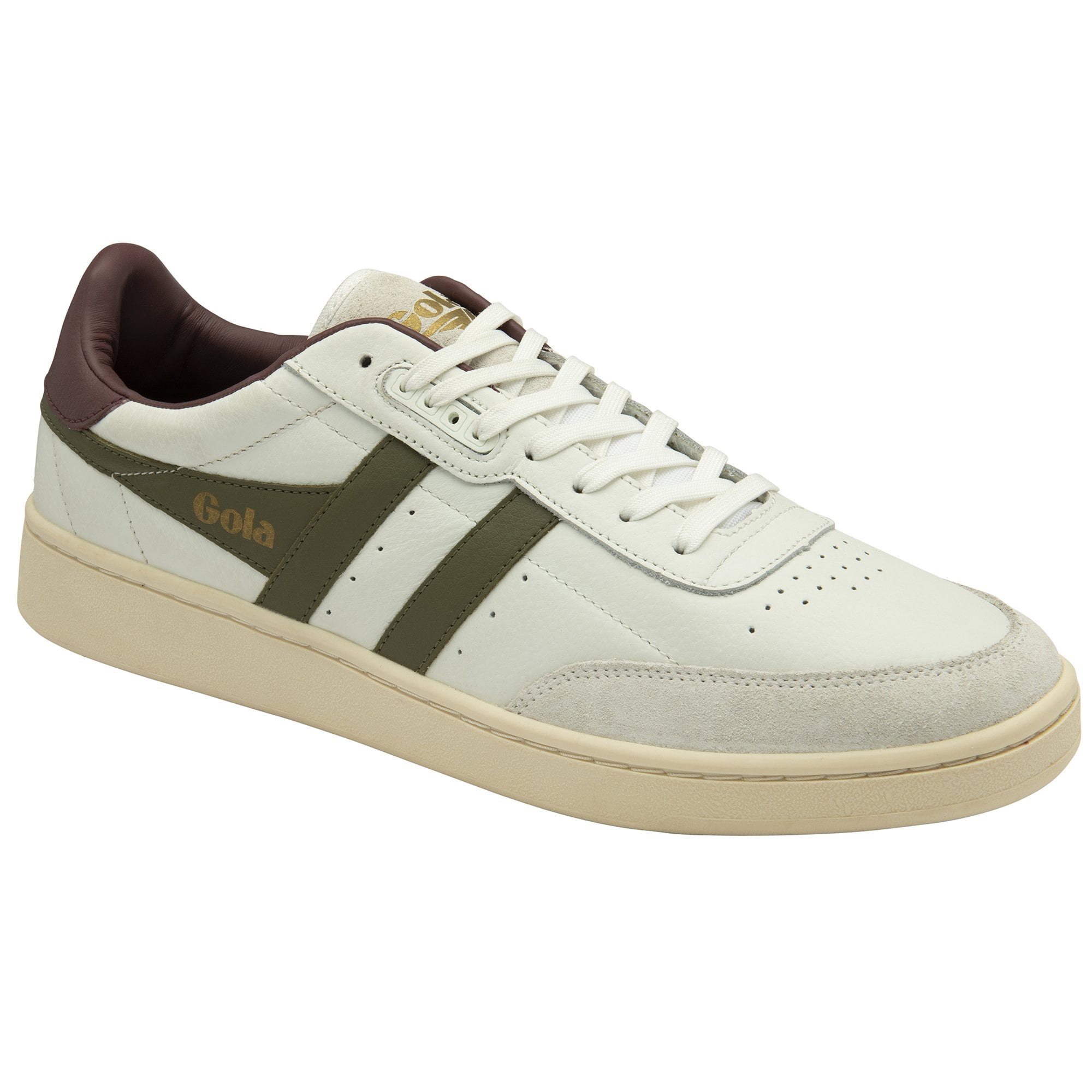 A left off-white Gola sneaker with olive stripes and a dark brown accent.