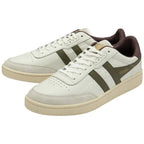 A pair of off-white Gola sneakers with olive stripes and a dark brown accent.