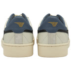 The back view of a pair of off-white Gola sneakers with blue heel tabs.