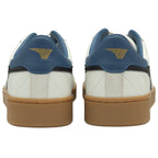 The back view of a pair of off-white Gola sneakers with blue heel tabs.