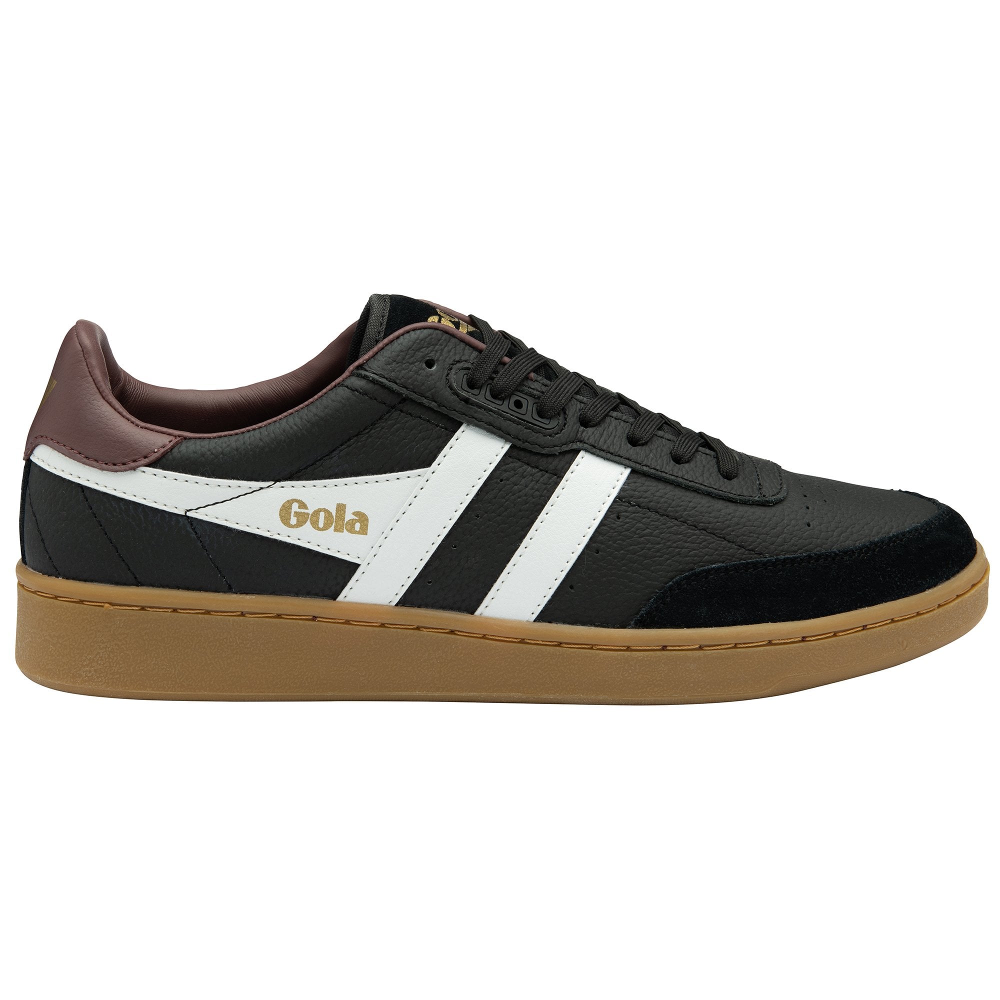 A right black Gola sneaker with white stripes and a dark brown accent.