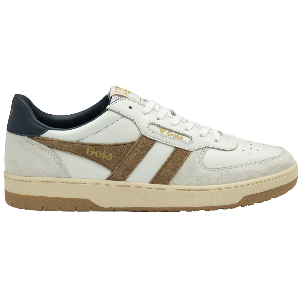 A right off-white Gola sneaker with beige stripes and a dark blue accent.