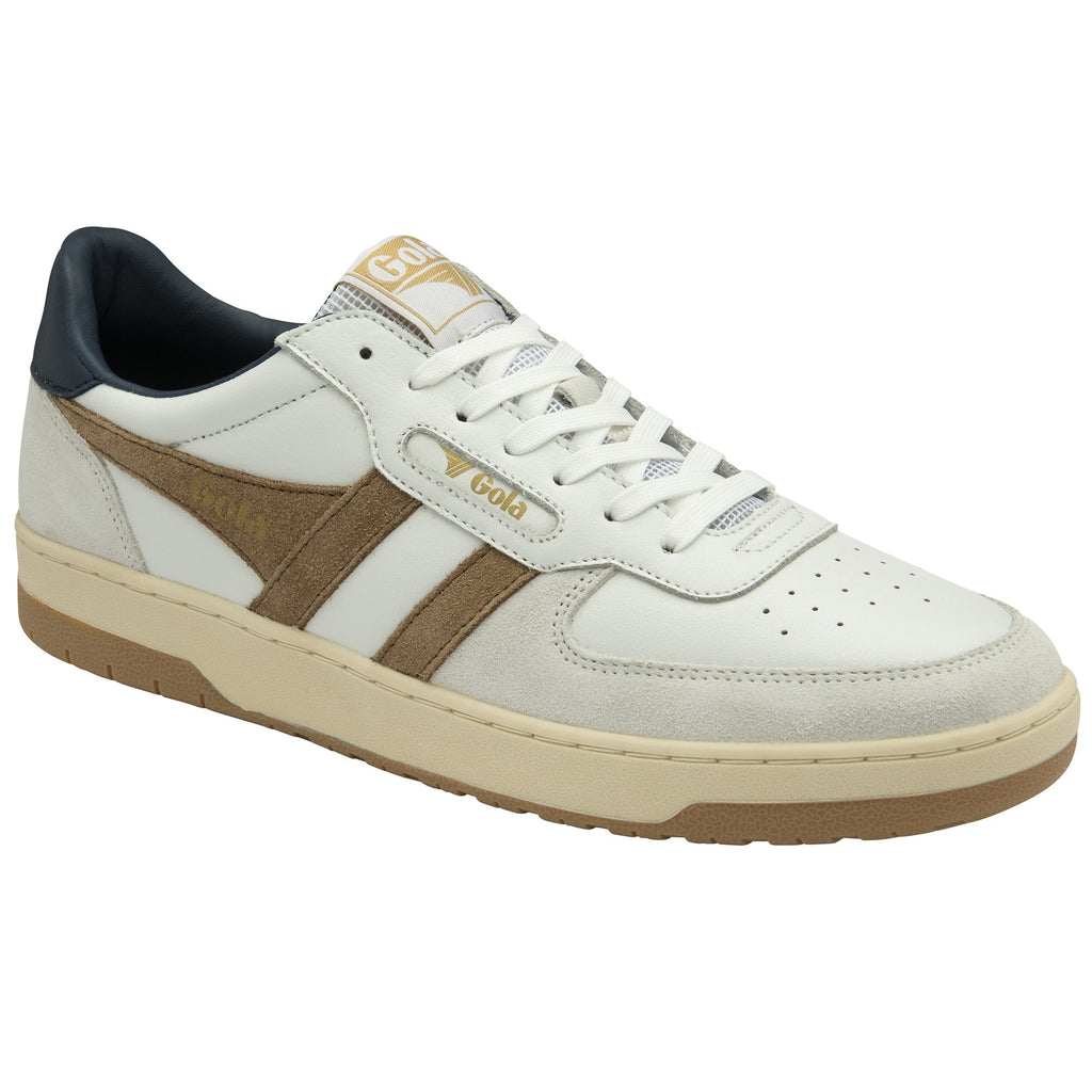 A left off-white Gola sneaker with beige stripes and a dark blue accent.