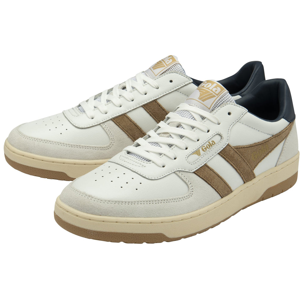 A pair of off-white Gola sneakers with beige stripes and a dark blue accent.