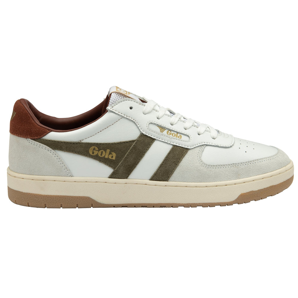A right off-white Gola sneaker with dark olive stripes and a dark brown accent.