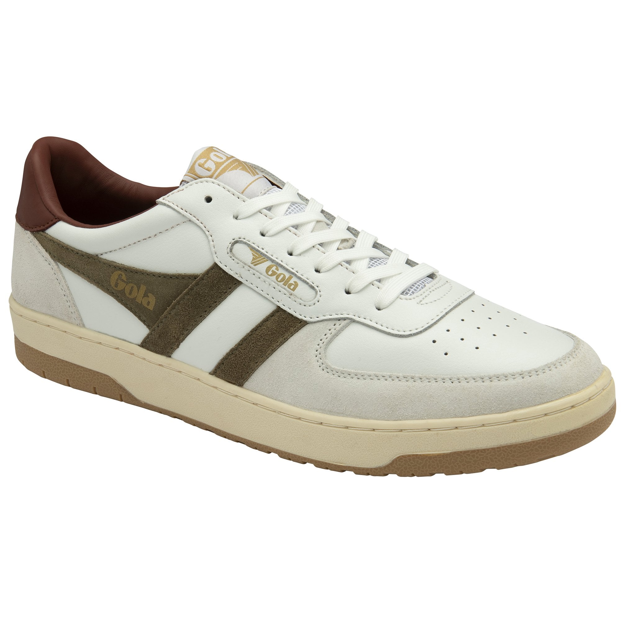 A left off-white Gola sneaker with dark olive stripes and a dark brown accent.