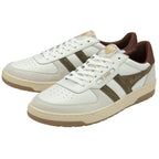 A pair of off-white Gola sneakers with dark olive stripes and a dark brown accent.