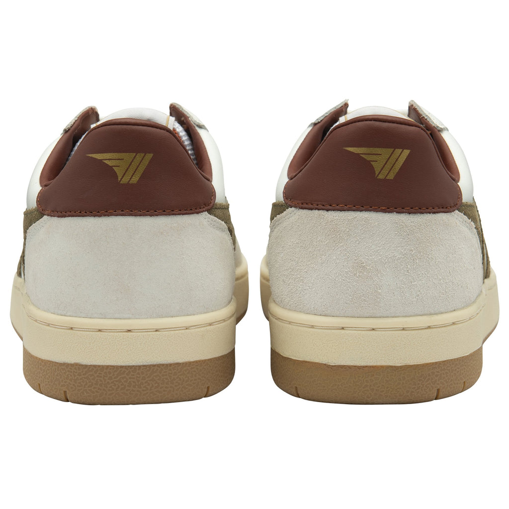 The back view of a pair of off-white Gola sneakers with dark brown heel tabs.
