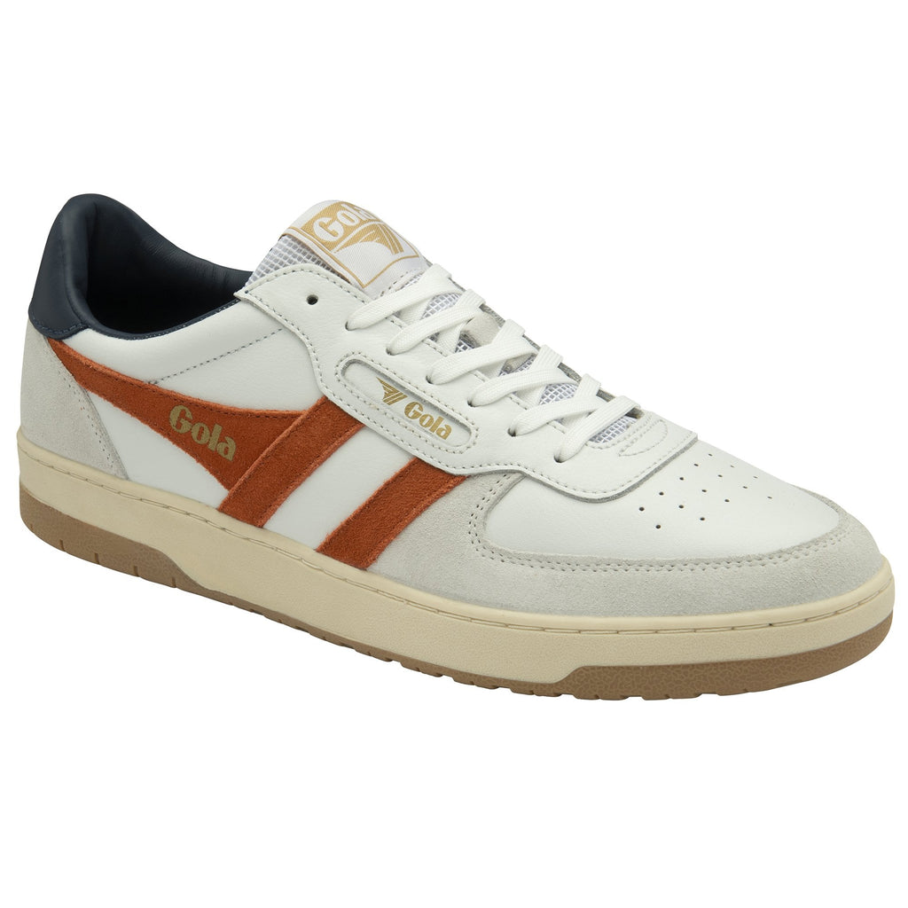 A left off-white Gola sneaker with burnt orange stripes and a dark blue accent.
