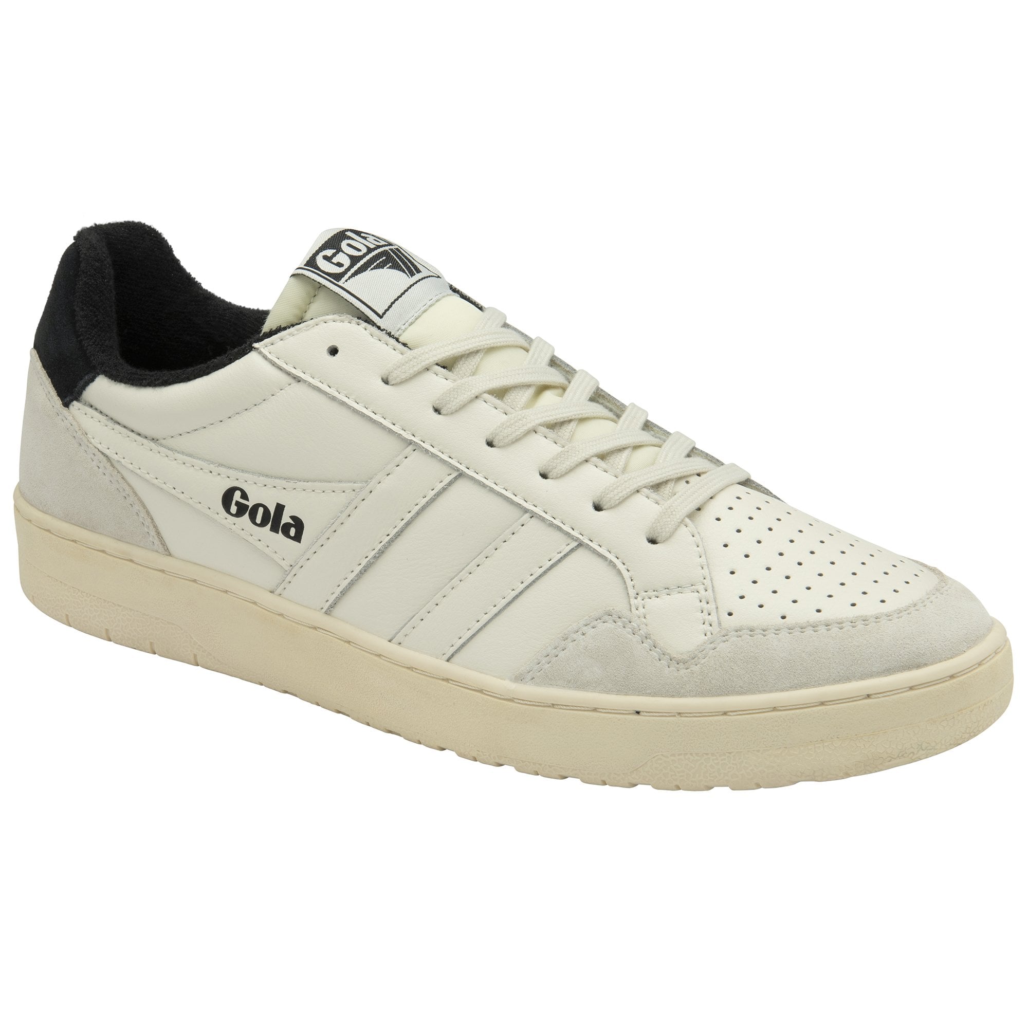 A left off-white Gola sneaker with off-white stripes and a black accent.