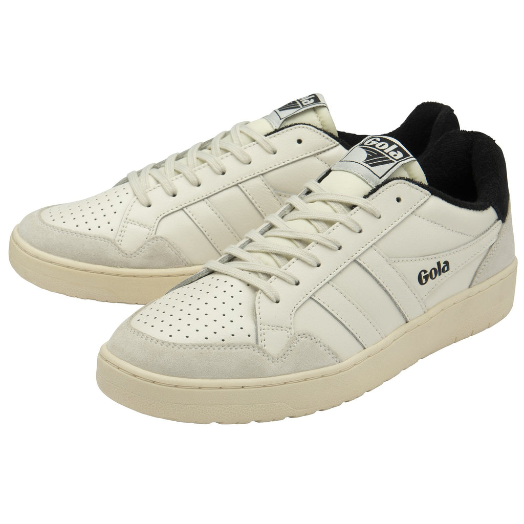 A pair of off-white Gola sneakers with off-white stripes and a black accent.