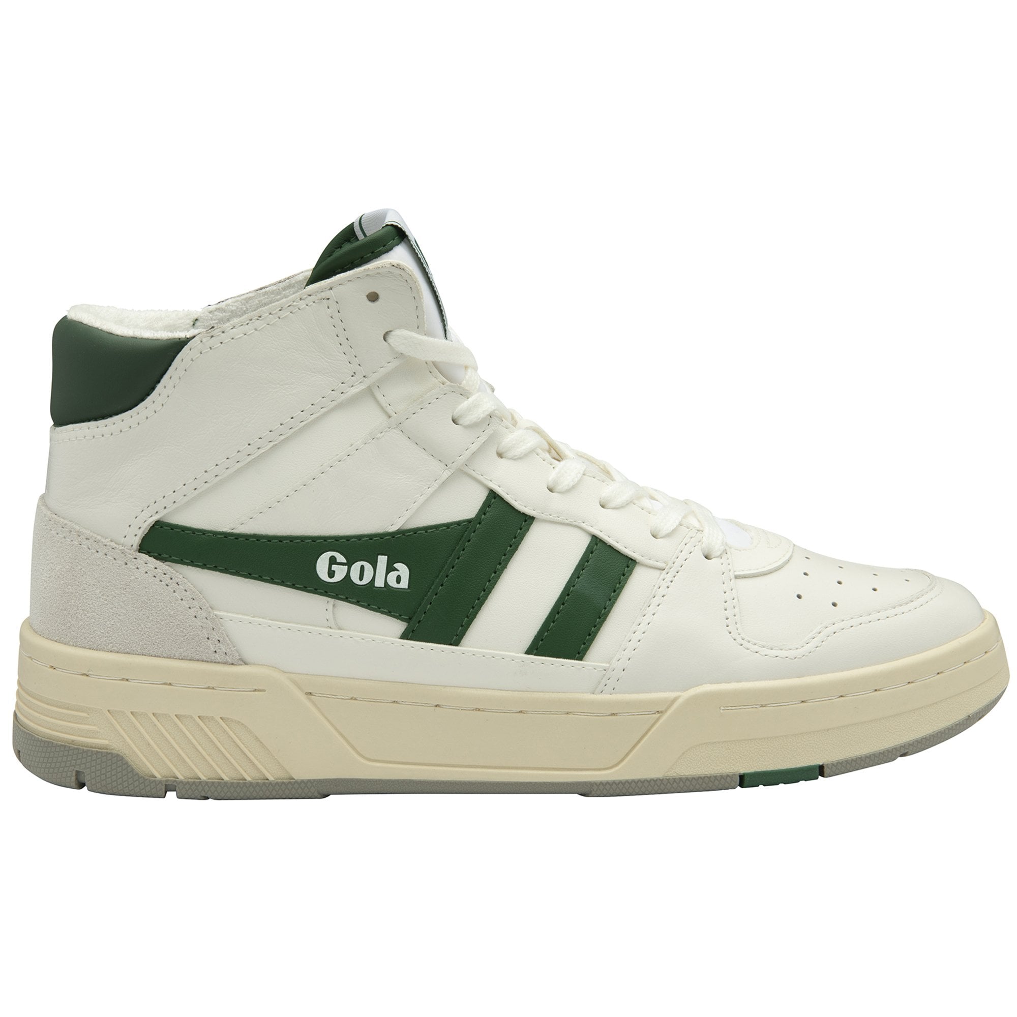 A right off-white Gola high-top sneaker with green stripes and accents.