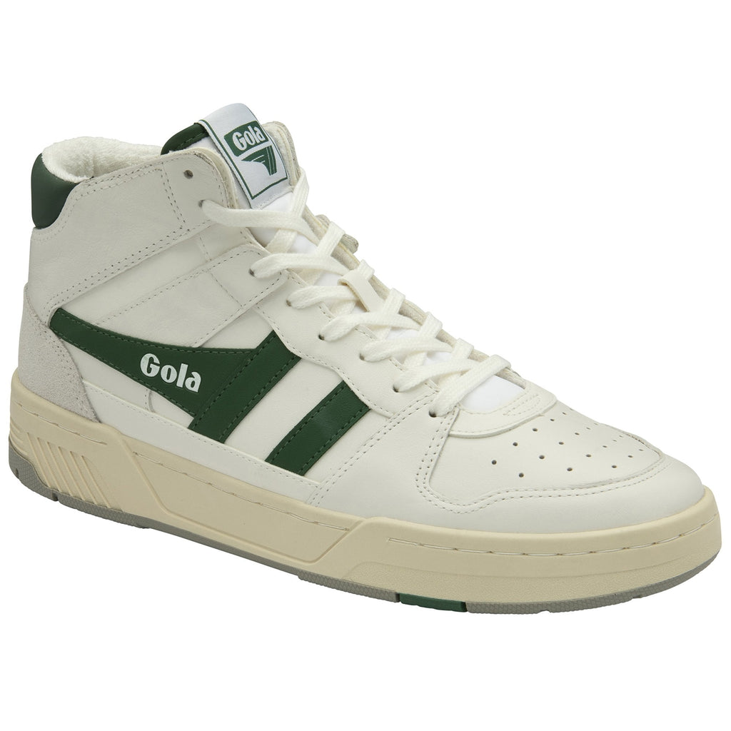 A left off-white Gola high-top sneaker with green stripes and accents.