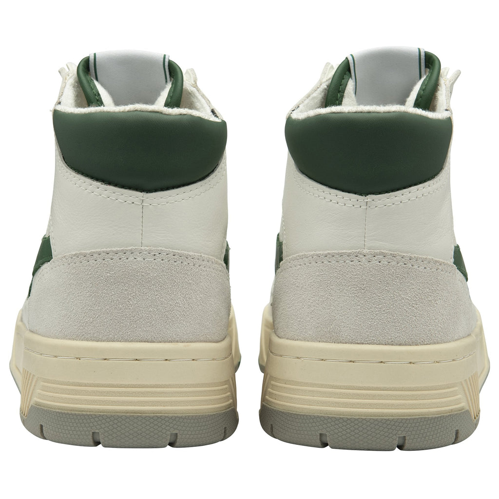The back view of a pair of off-white Gola high-top sneakers with green heel tabs.