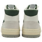 The back view of a pair of off-white Gola high-top sneakers with green heel tabs.